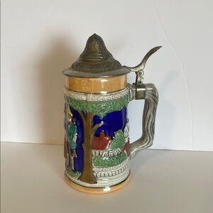 Unbranded Vintage Colorful Ceramic Glazed 7" Beer Stein Ornate Pewter Lid